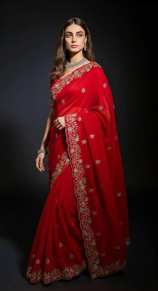 Joban Fashion Red Fandy Satin Silk Party Wear Sarees