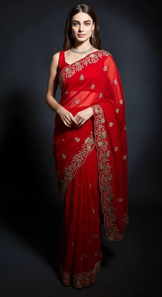 Joban Fashion Red Fandy Satin Silk Party Wear Sarees - Image 2