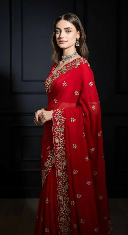Joban Fashion Red Fandy Satin Silk Party Wear Sarees - Image 3