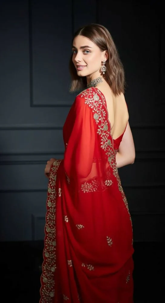 Joban Fashion Red Fandy Satin Silk Party Wear Sarees - Image 4
