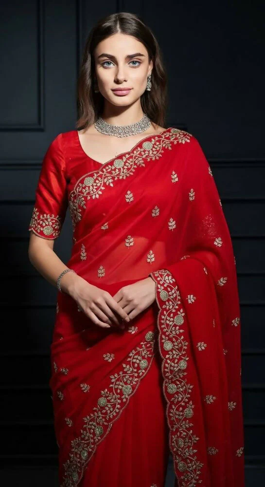 Joban Fashion Red Fandy Satin Silk Party Wear Sarees - Image 7