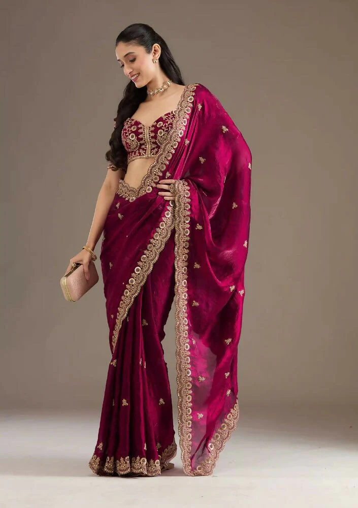 Joban Fashion Red Frendy Satin Silk Party Wear Sarees - Image 3
