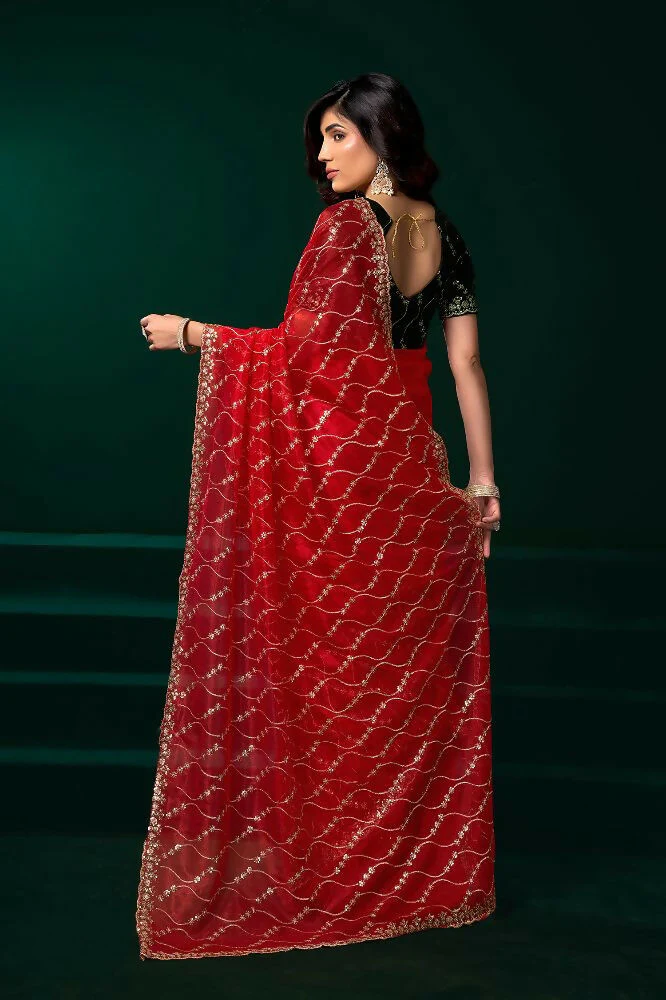 Joban Fashion Red Net Party Wear Sarees - Image 4