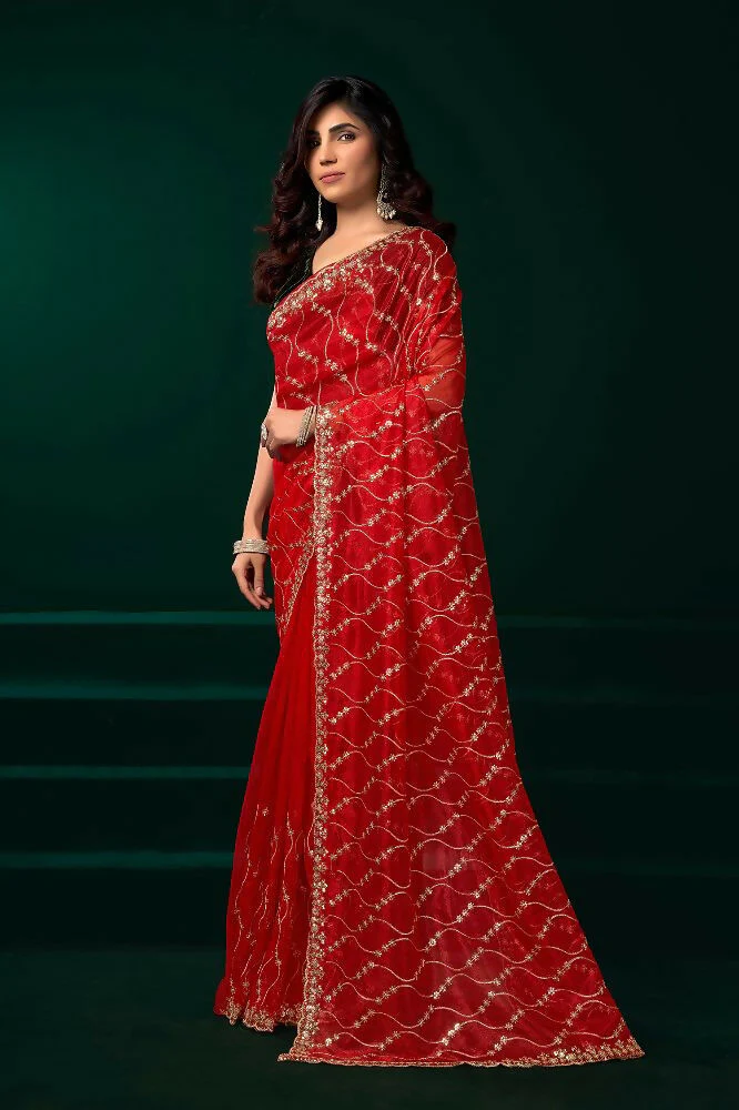 Joban Fashion Red Net Party Wear Sarees - Image 6