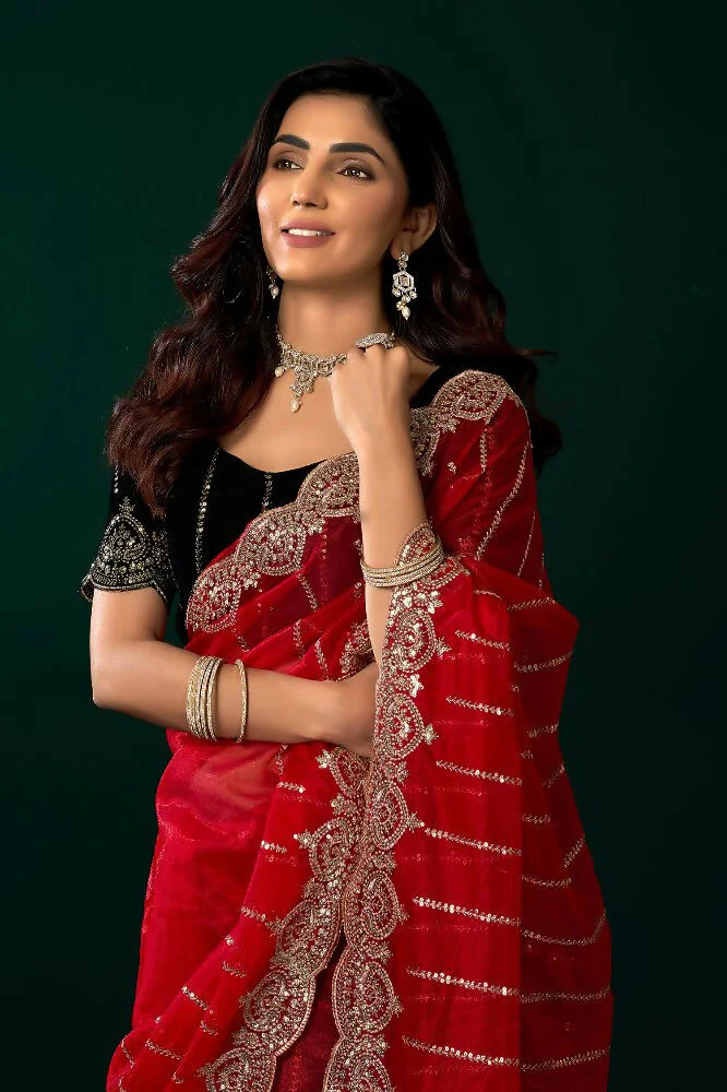 Joban Fashion Red Net Party Wear Sarees - Image 3