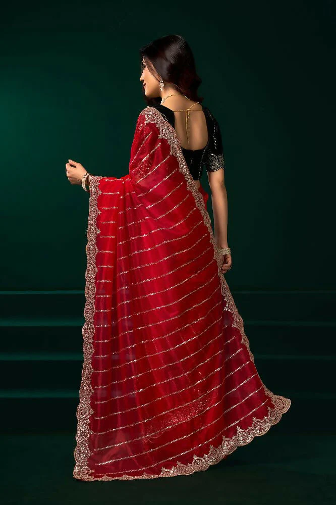 Joban Fashion Red Net Party Wear Sarees - Image 4