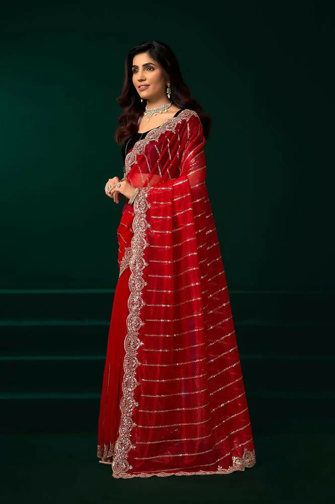 Joban Fashion Red Net Party Wear Sarees - Image 7