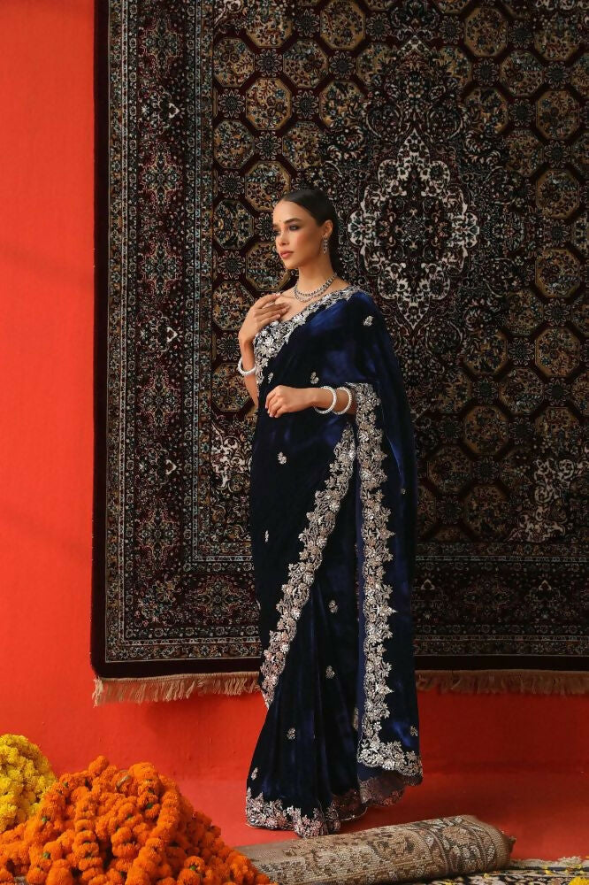 Joban Fashion Royal Blue 9000 Velvet Party Wear Sarees - Image 2