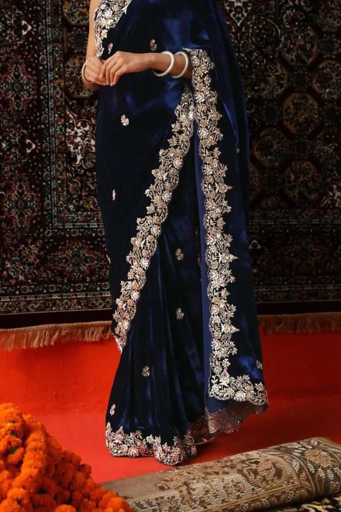 Joban Fashion Royal Blue 9000 Velvet Party Wear Sarees - Image 3