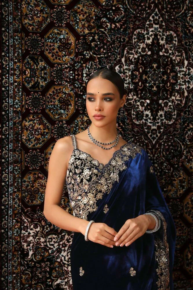 Joban Fashion Royal Blue 9000 Velvet Party Wear Sarees - Image 4