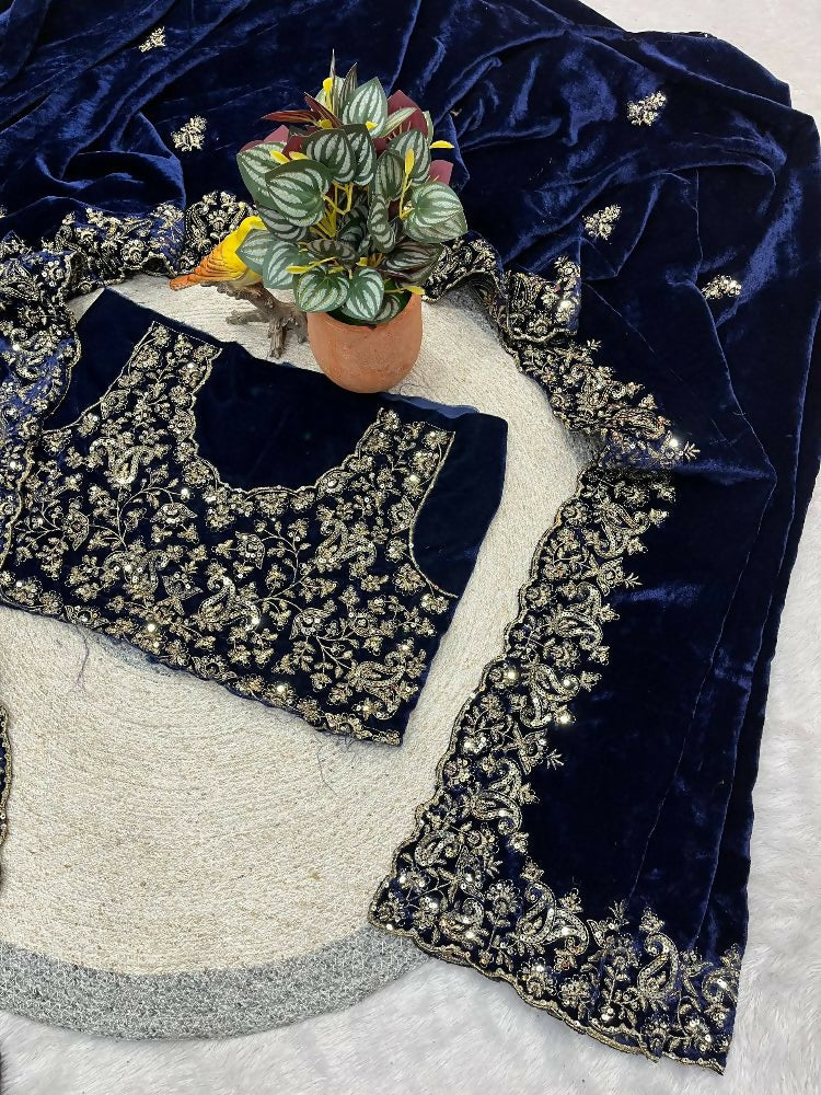 Joban Fashion Royal Blue 9000 Velvet Party Wear Sarees - Image 5