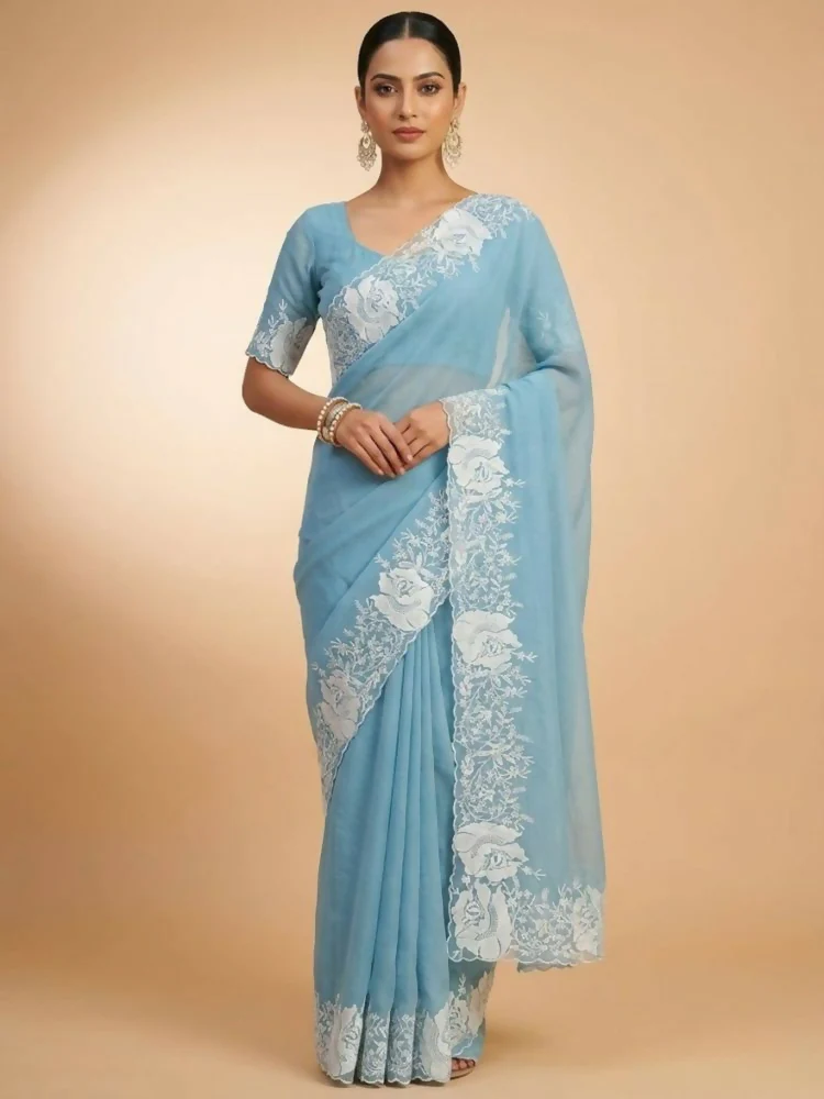 Joban Fashion Sky Blue Candy Crush Party Wear Sarees