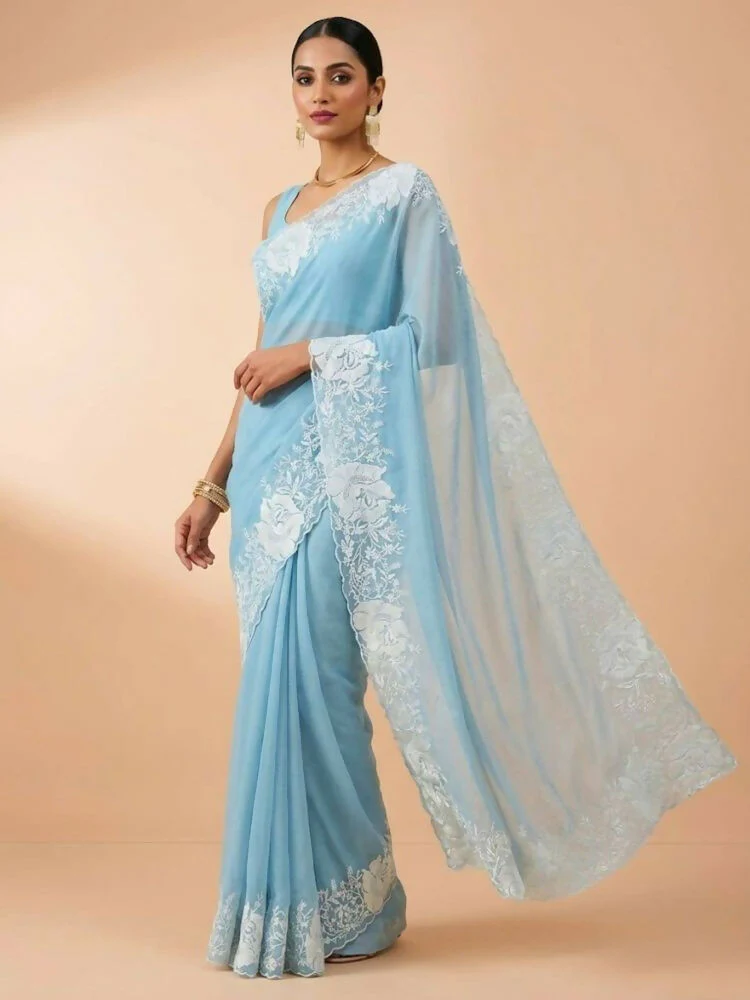 Joban Fashion Sky Blue Candy Crush Party Wear Sarees - Image 2