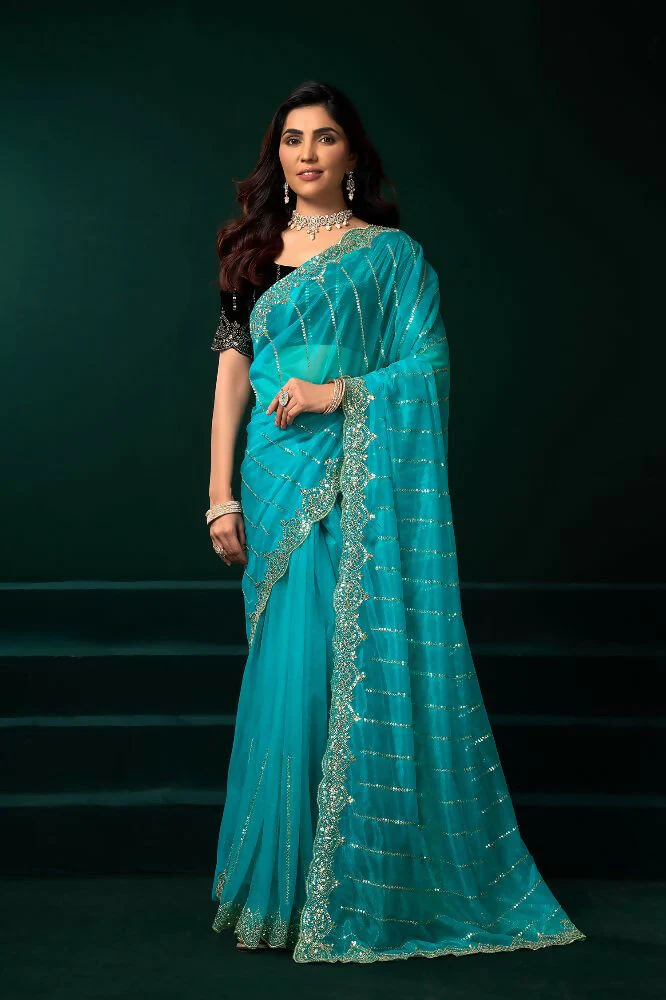 Joban Fashion Turquoise Blue Net Party Wear Sarees