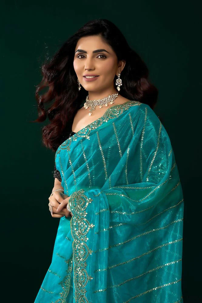 Joban Fashion Turquoise Blue Net Party Wear Sarees - Image 2