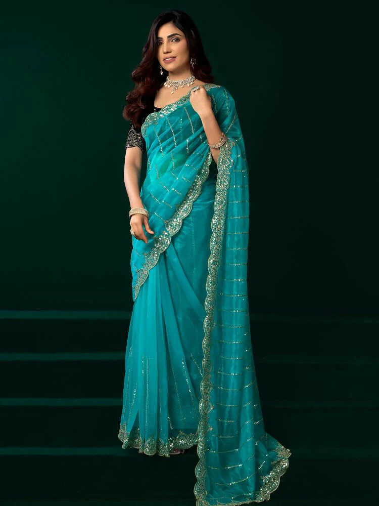 Joban Fashion Turquoise Blue Net Party Wear Sarees - Image 3