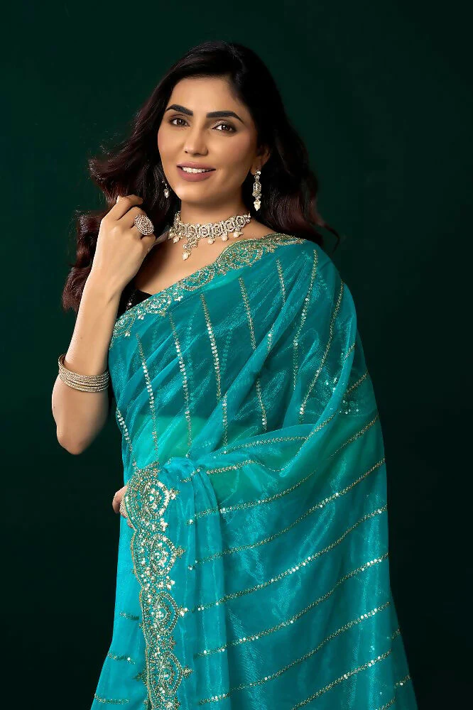 Joban Fashion Turquoise Blue Net Party Wear Sarees - Image 5