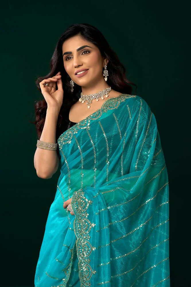 Joban Fashion Turquoise Blue Net Party Wear Sarees - Image 6