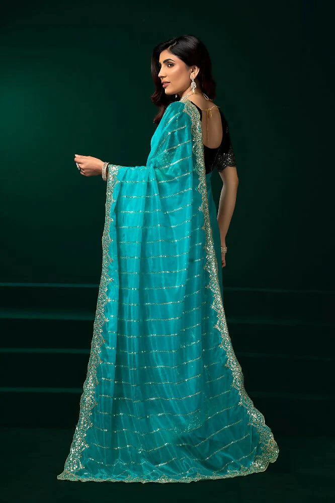 Joban Fashion Turquoise Blue Net Party Wear Sarees - Image 7