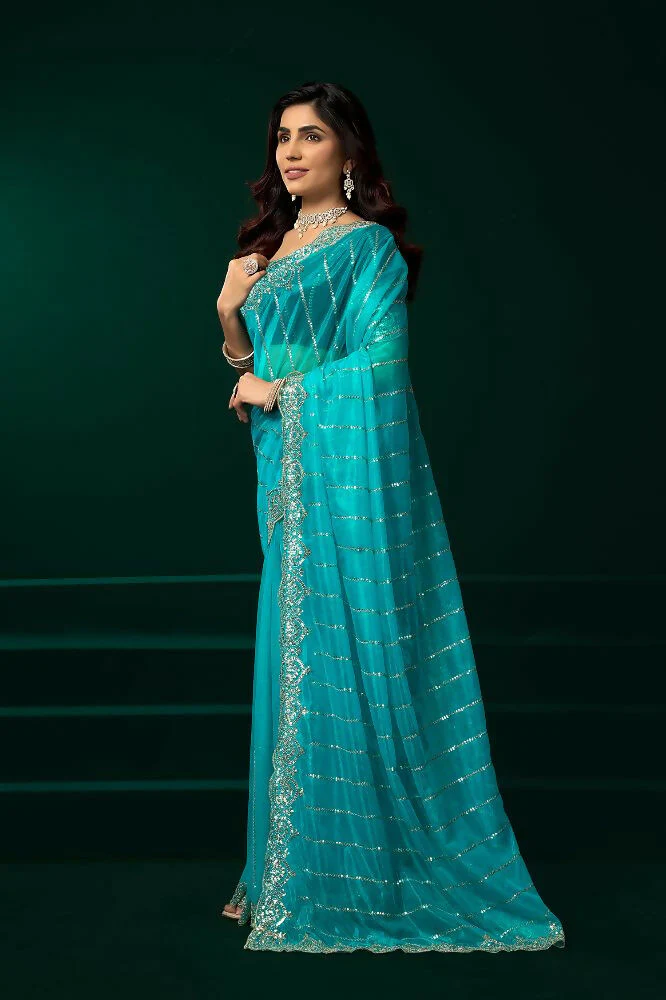 Joban Fashion Turquoise Blue Net Party Wear Sarees - Image 8