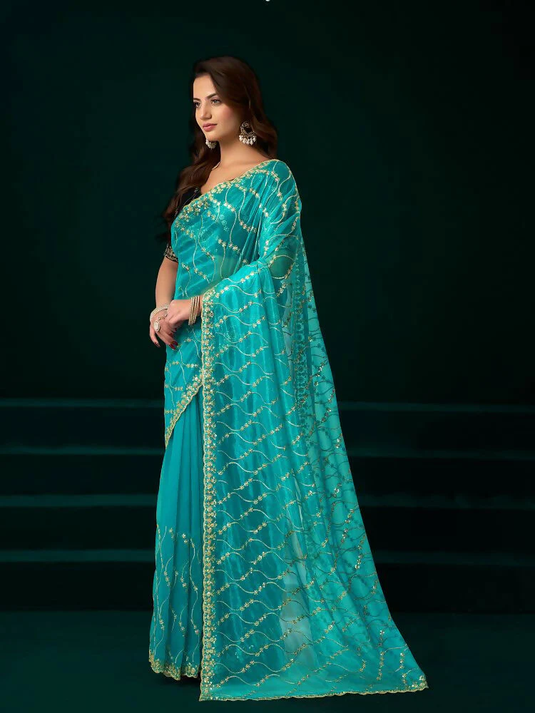 Joban Fashion Turquoise Net Party Wear Sarees - Image 3