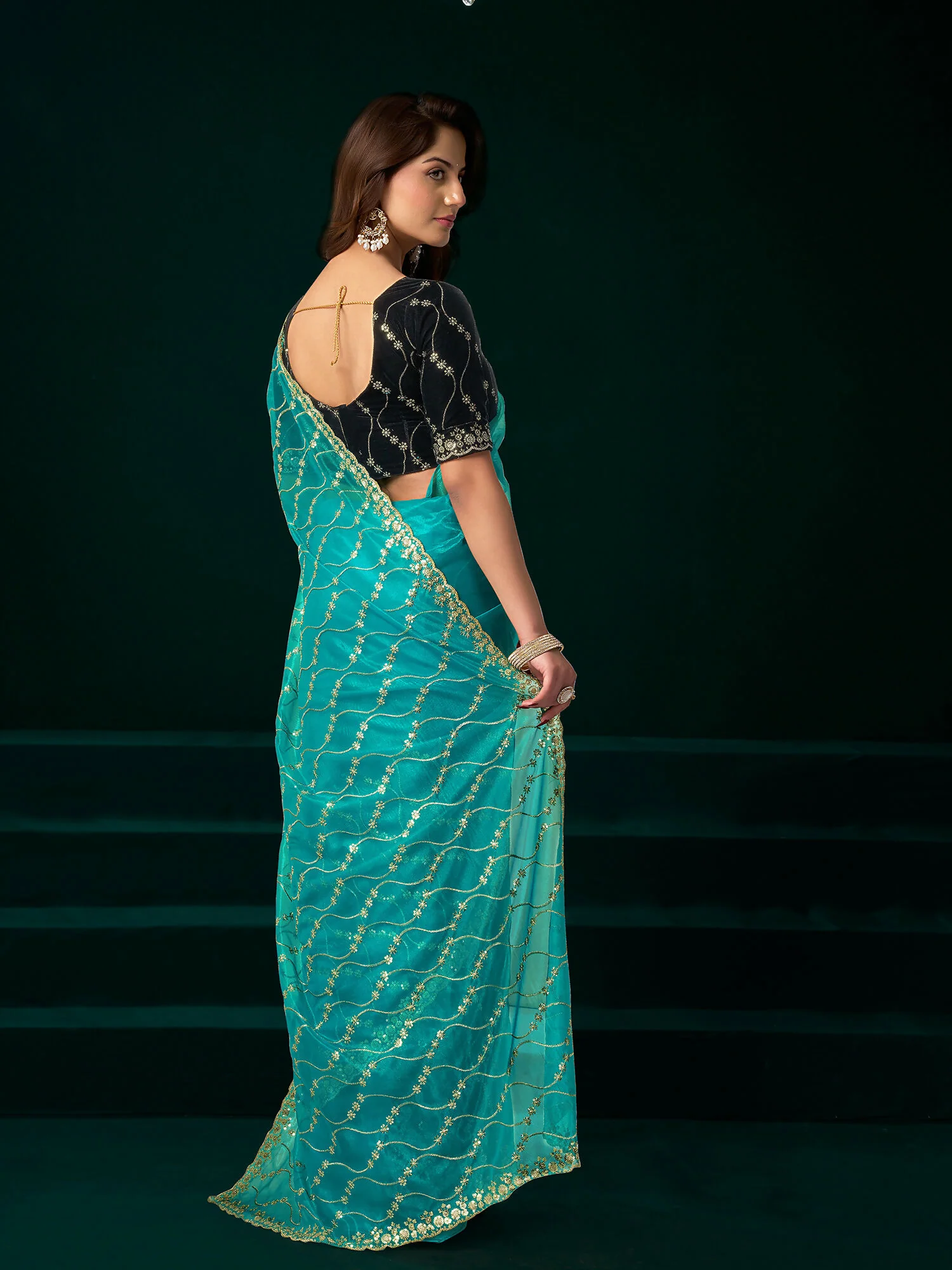 Joban Fashion Turquoise Net Party Wear Sarees - Image 4