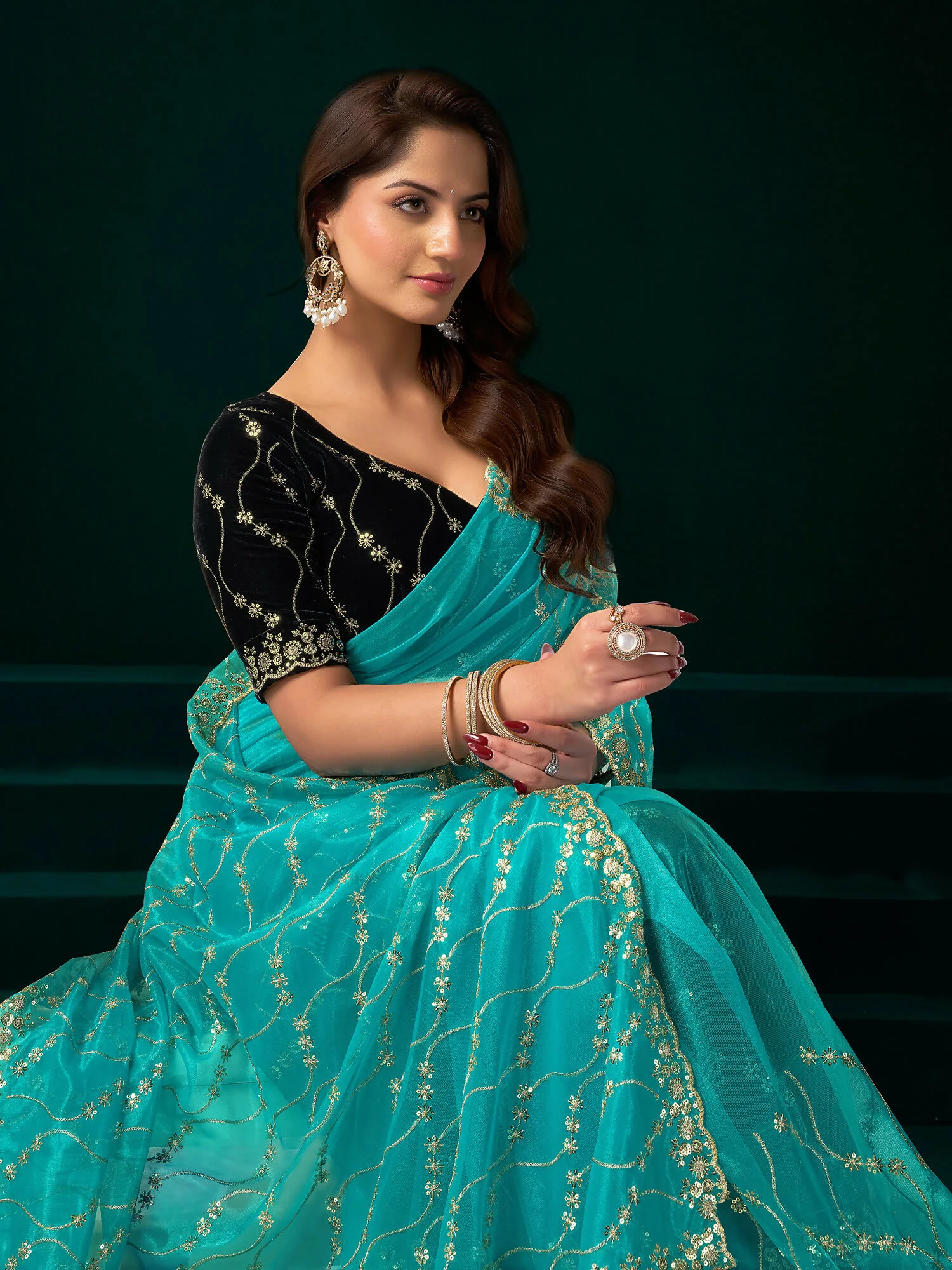 Joban Fashion Turquoise Net Party Wear Sarees - Image 6