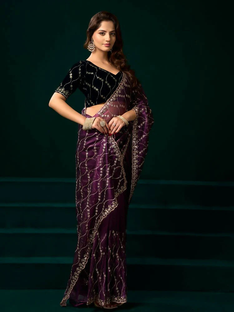 Joban Fashion Wine Net Party Wear Sarees - Image 2