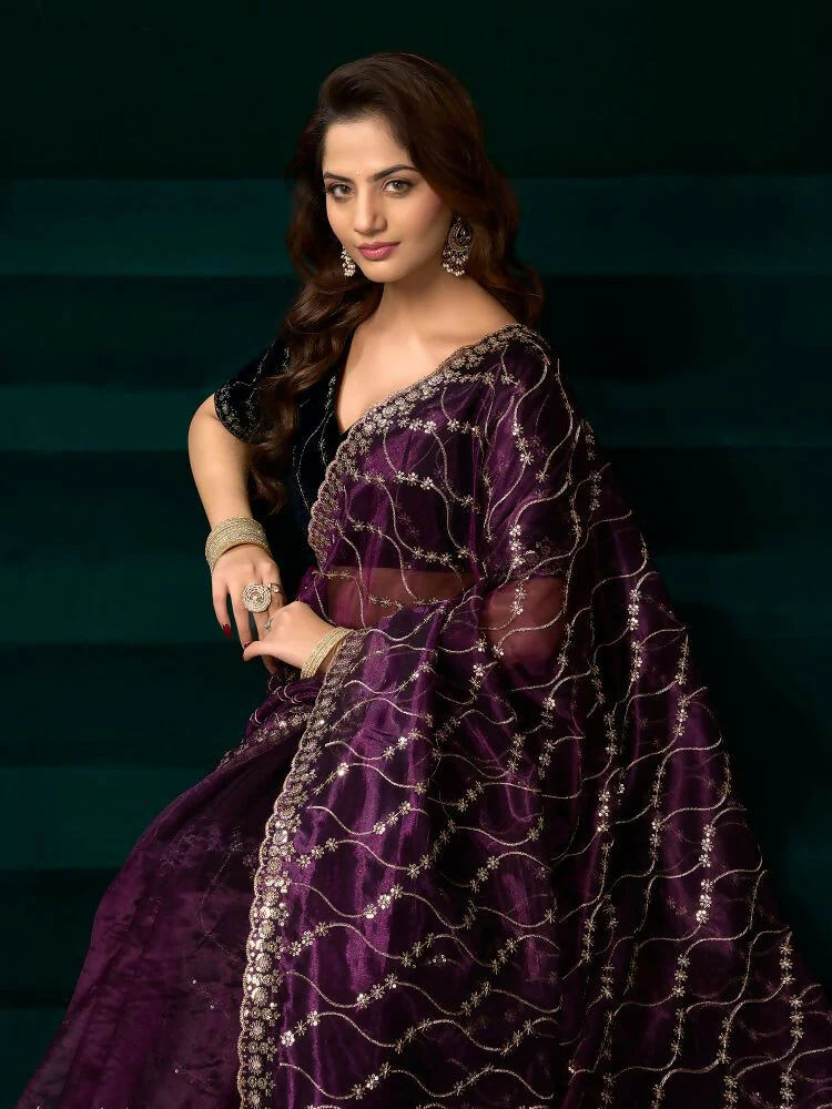 Joban Fashion Wine Net Party Wear Sarees - Image 3