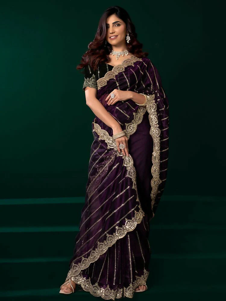 Joban Fashion Wine Net Party Wear Sarees - Image 4