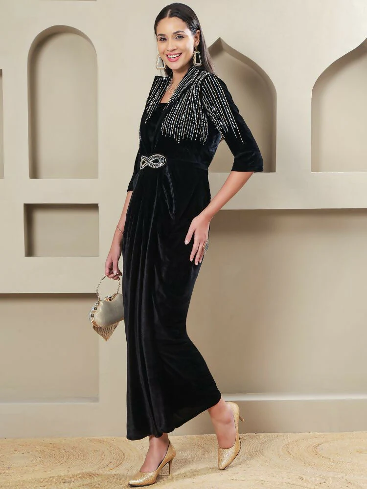 Joban Fashion Women Black Velvet Hand Embellishment Stitched Dress - Image 3