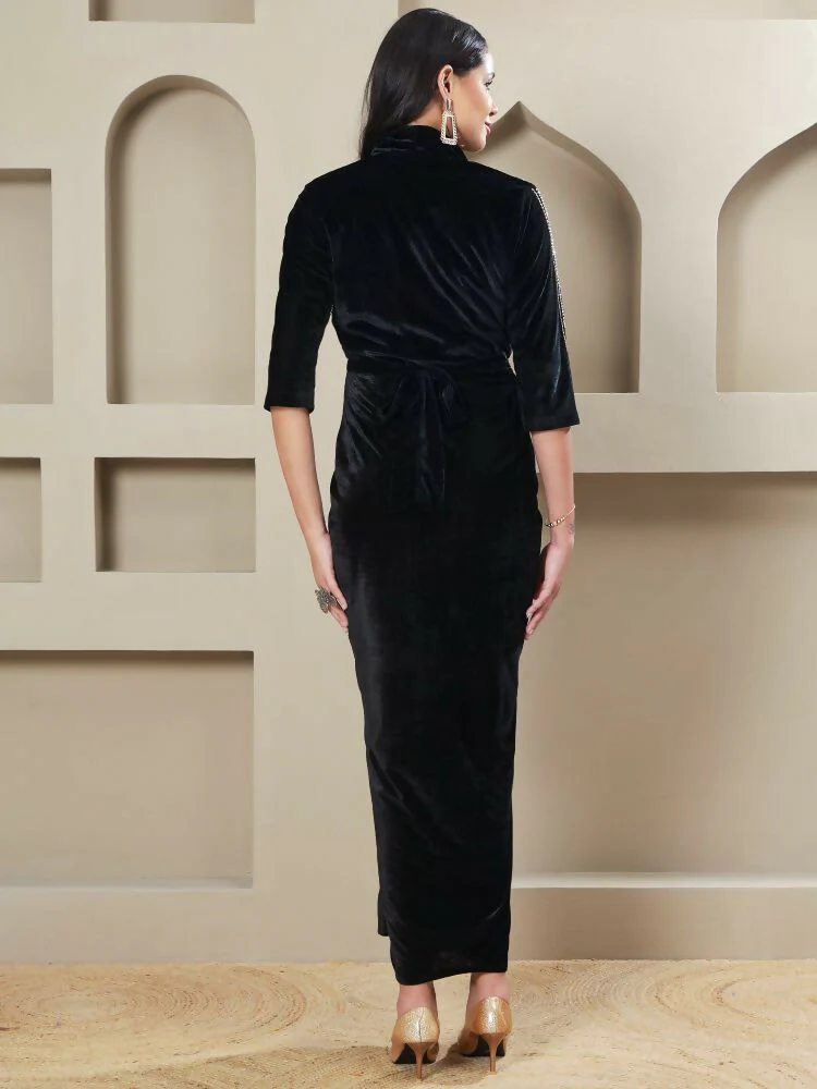 Joban Fashion Women Black Velvet Hand Embellishment Stitched Dress - Image 4