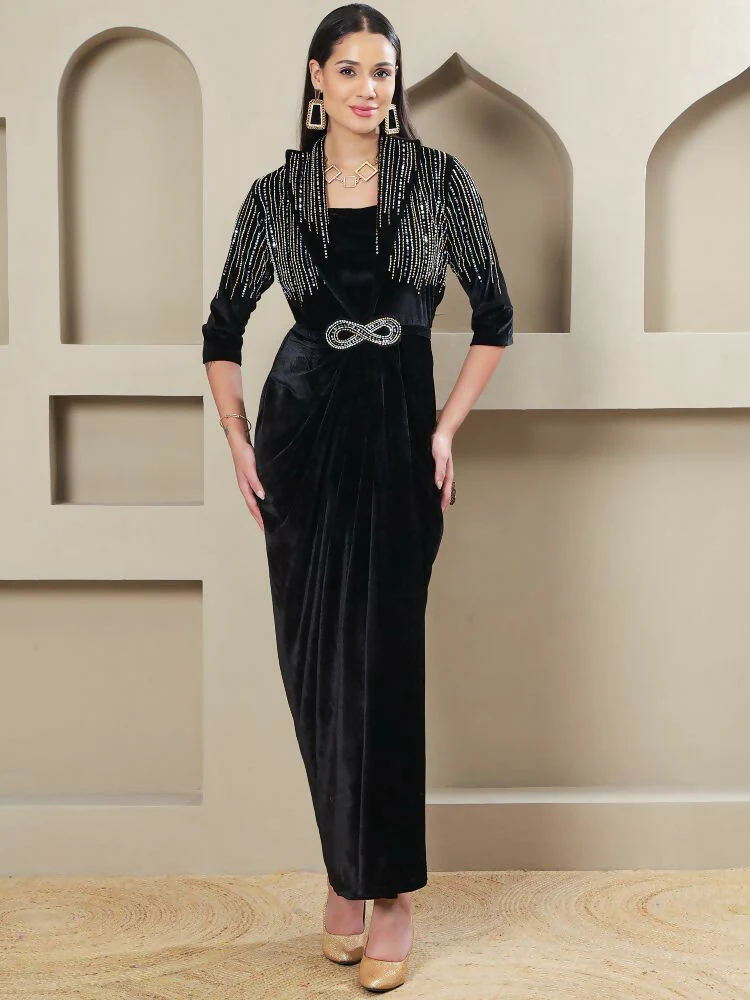 Joban Fashion Women Black Velvet Hand Embellishment Stitched Dress - Image 5