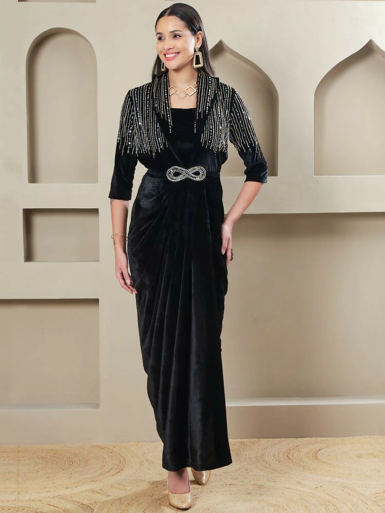 Joban Fashion Women Black Velvet Hand Embellishment Stitched Dress - Image 6