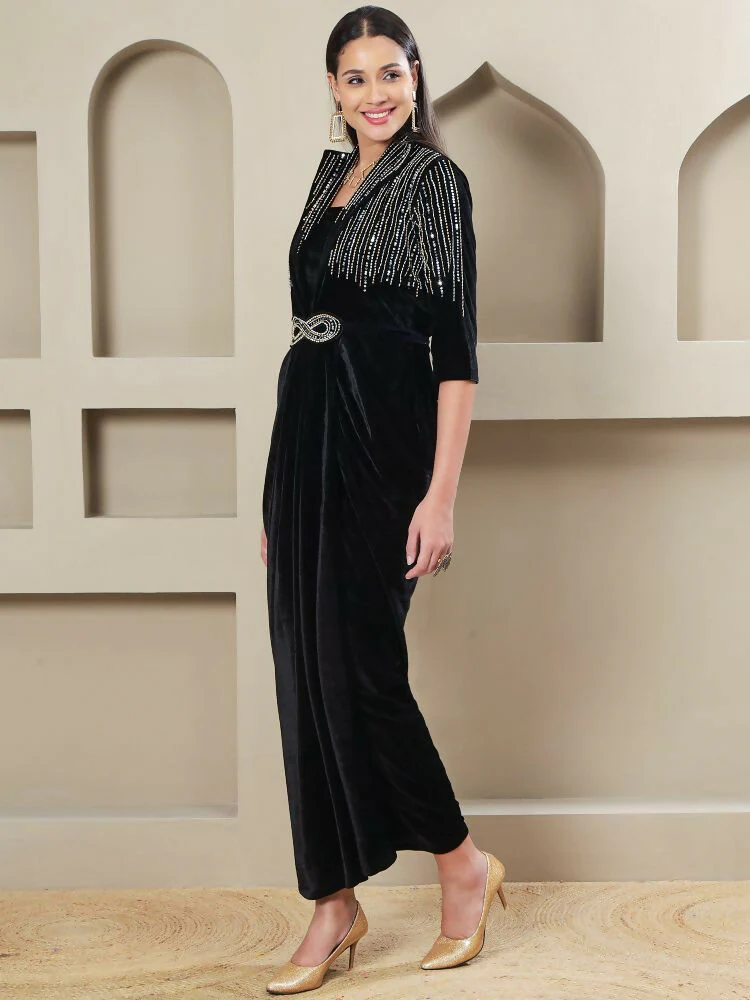 Joban Fashion Women Black Velvet Hand Embellishment Stitched Dress - Image 7