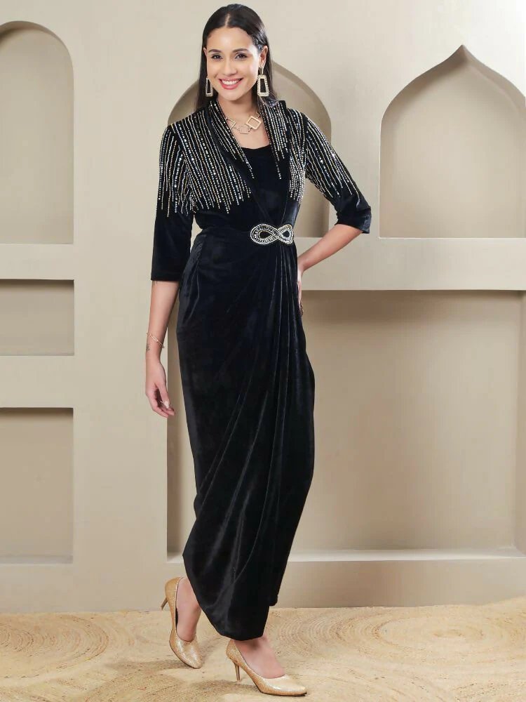 Joban Fashion Women Black Velvet Hand Embellishment Stitched Dress - Image 8