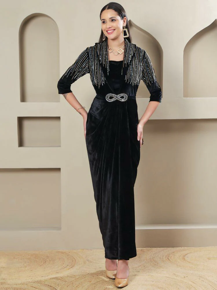 Joban Fashion Women Black Velvet Hand Embellishment Stitched Dress - Image 9