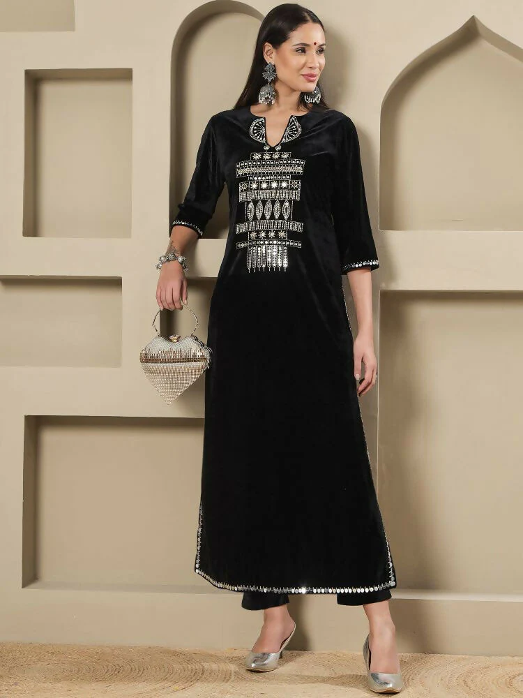 Joban Fashion Women Black Velvet Hand Embellishment Stitched Kurta Set - Image 4