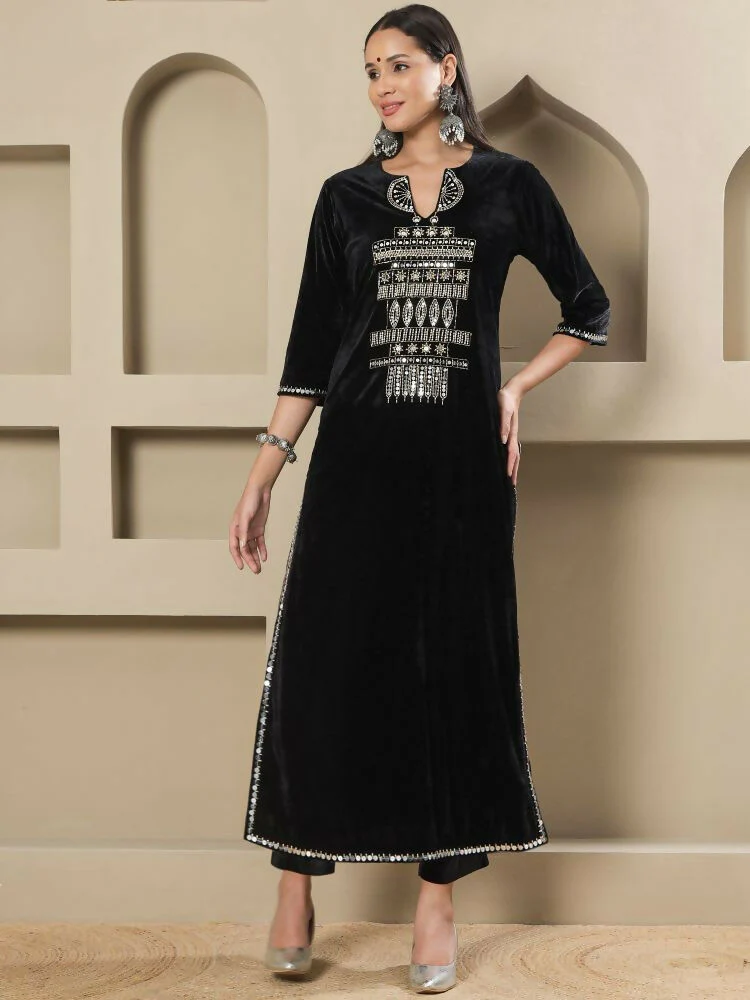 Joban Fashion Women Black Velvet Hand Embellishment Stitched Kurta Set - Image 8