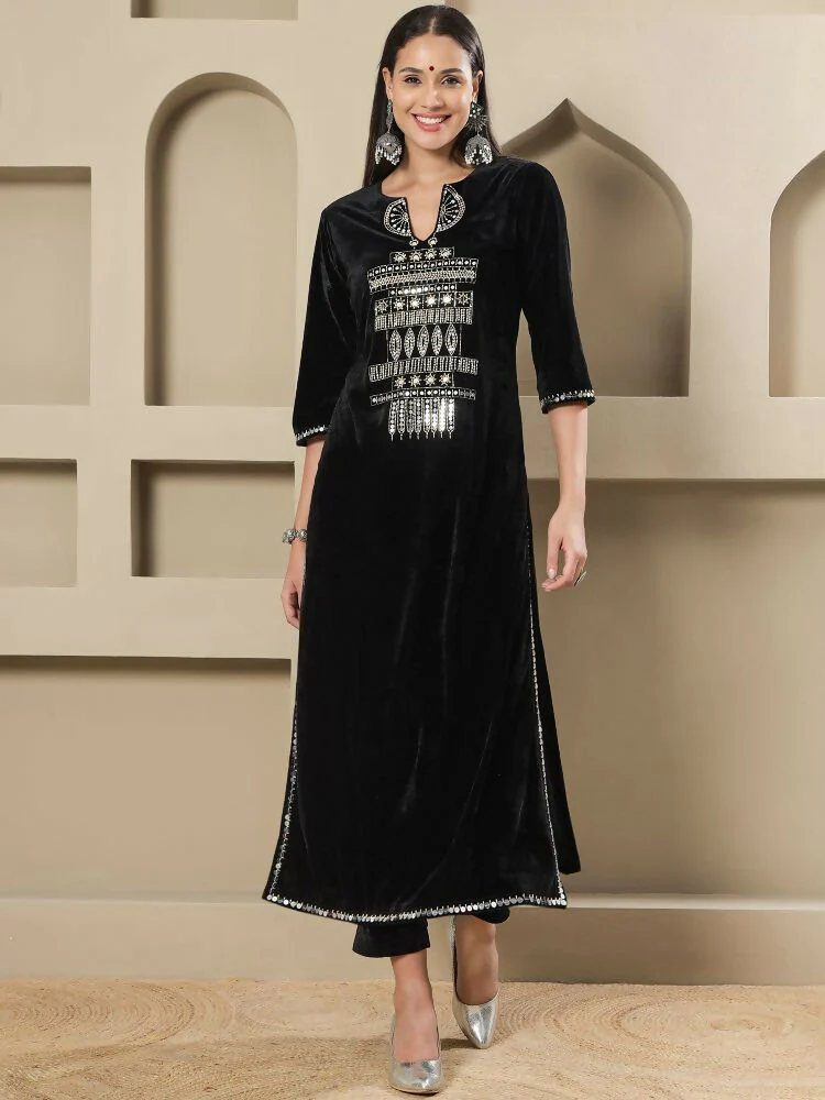 Joban Fashion Women Black Velvet Hand Embellishment Stitched Kurta Set - Image 9
