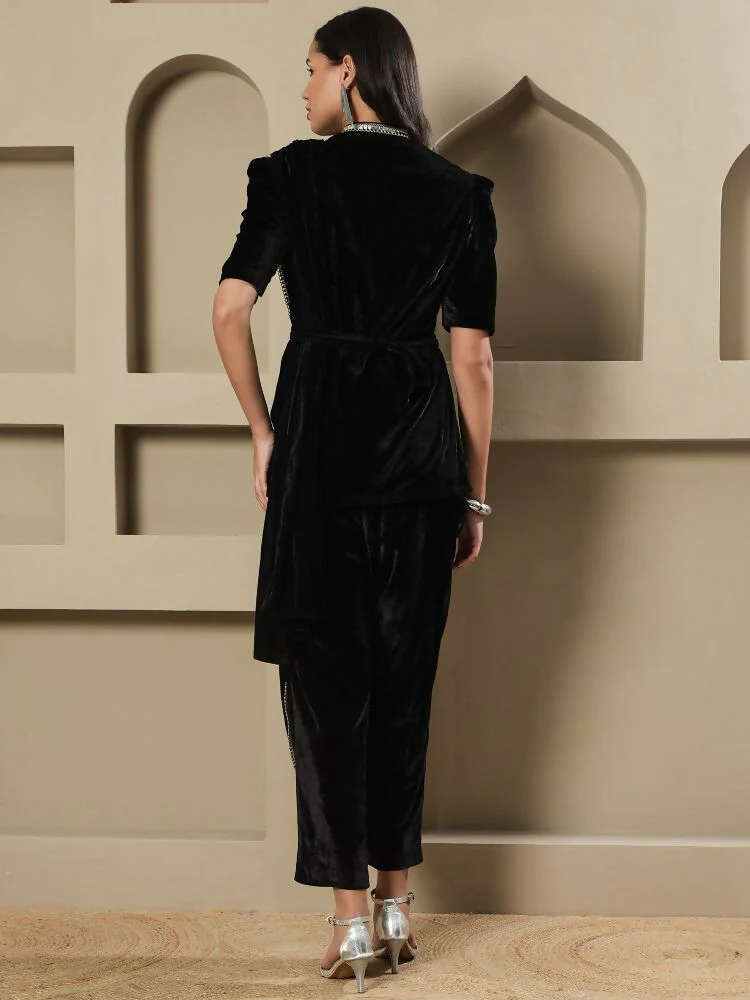 Joban Fashion Women Black Velvet Hand Embellishment Stitched Kurta Set - Image 4