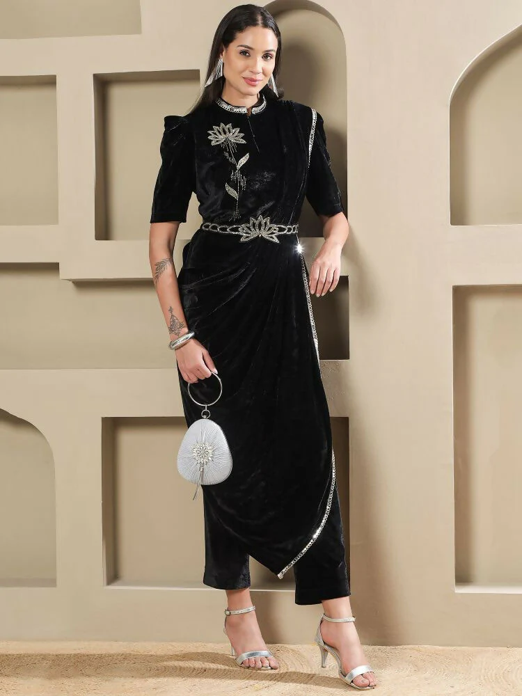 Joban Fashion Women Black Velvet Hand Embellishment Stitched Kurta Set - Image 5