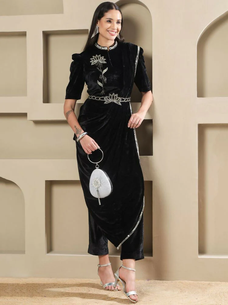 Joban Fashion Women Black Velvet Hand Embellishment Stitched Kurta Set - Image 6