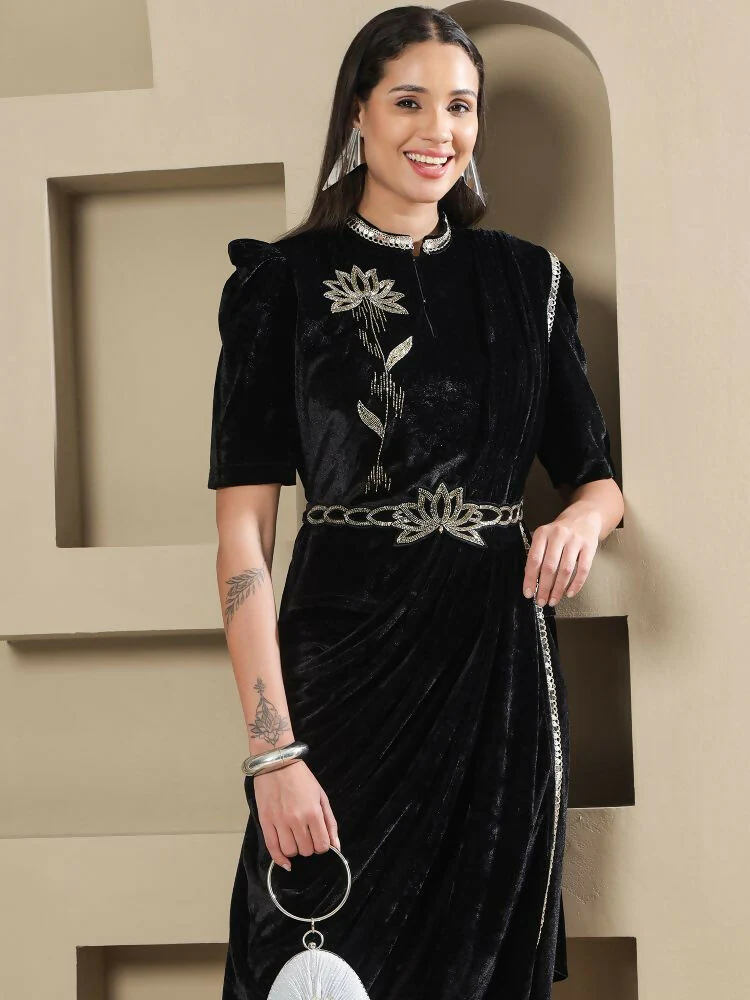 Joban Fashion Women Black Velvet Hand Embellishment Stitched Kurta Set - Image 7