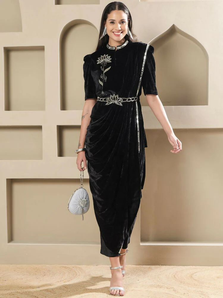 Joban Fashion Women Black Velvet Hand Embellishment Stitched Kurta Set - Image 8