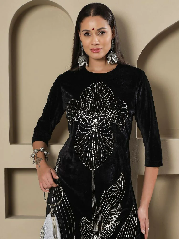 Joban Fashion Women Black Velvet Hand Embellishment Stitched Kurta Set - Image 4