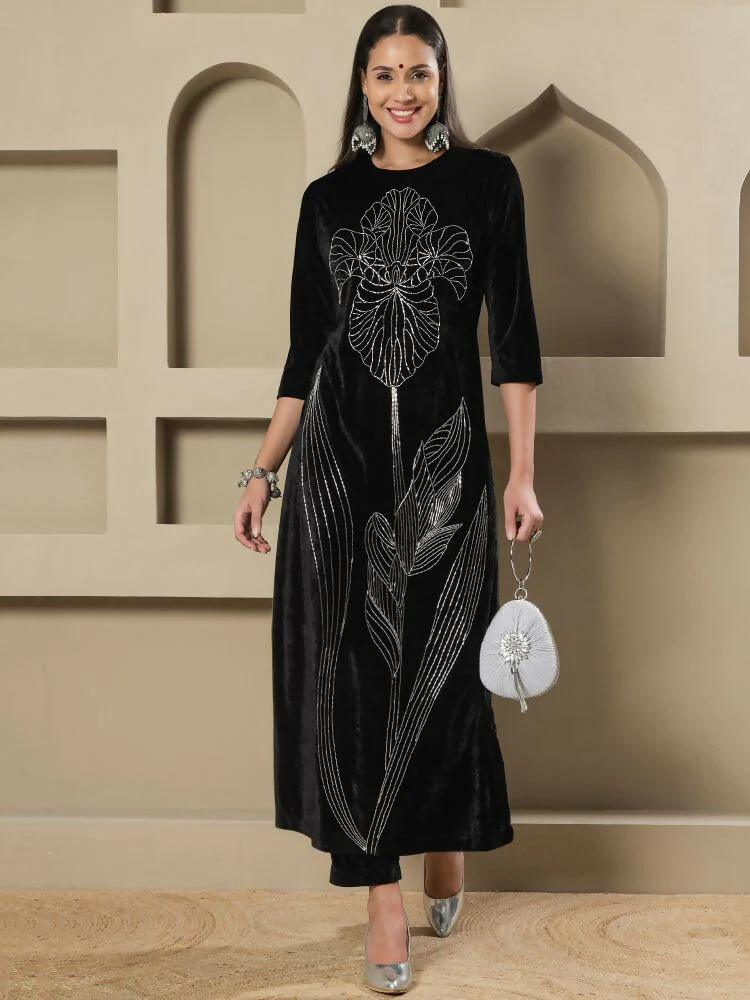 Joban Fashion Women Black Velvet Hand Embellishment Stitched Kurta Set - Image 5