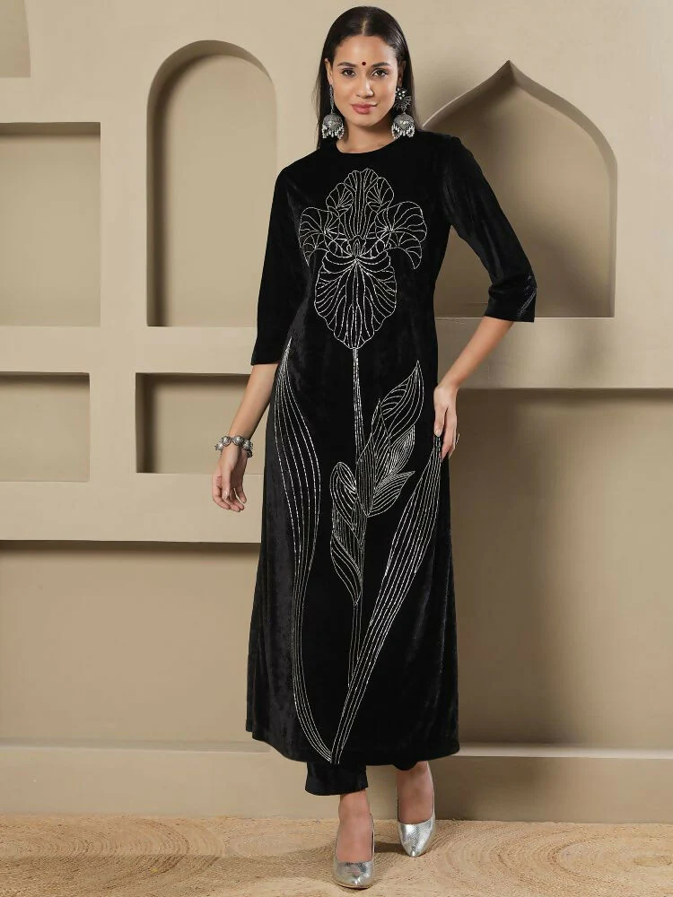 Joban Fashion Women Black Velvet Hand Embellishment Stitched Kurta Set - Image 8