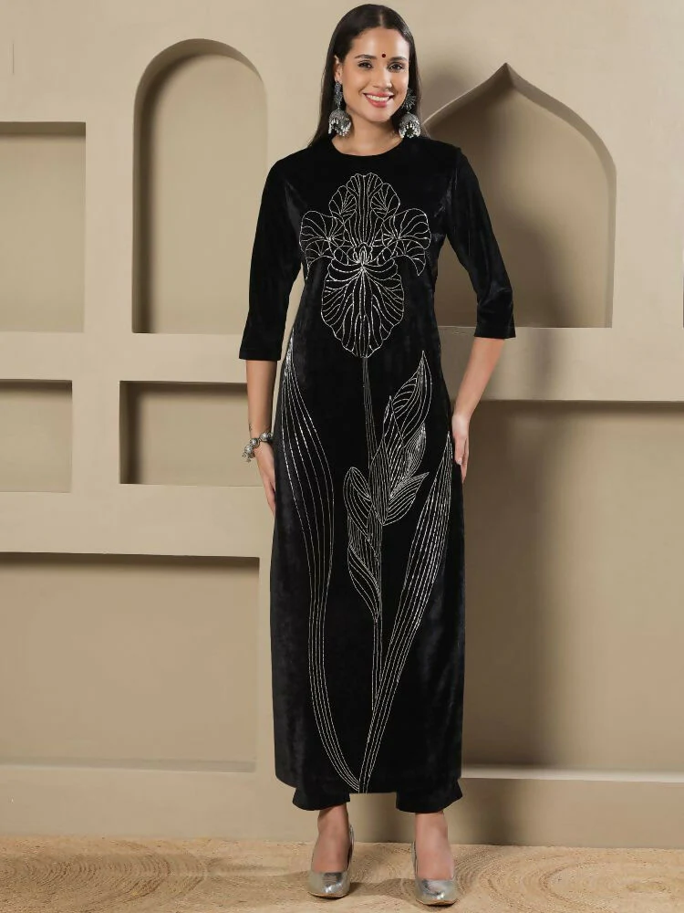 Joban Fashion Women Black Velvet Hand Embellishment Stitched Kurta Set - Image 9