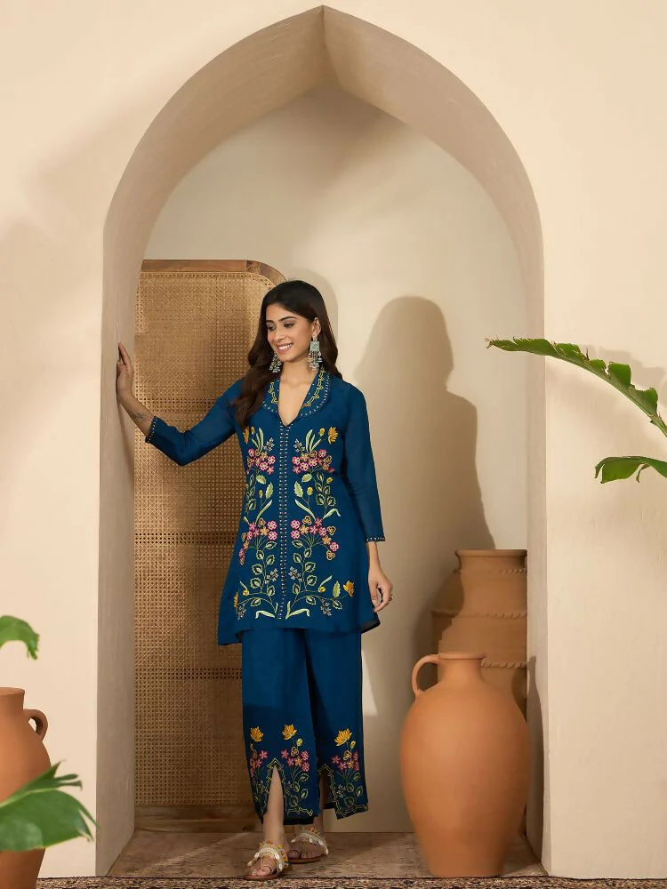 Joban Fashion Women Blue Roman Silk Embroidered Stitched Kurta Set - Image 3